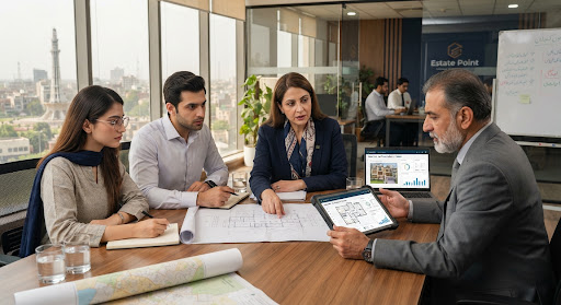 Estate Point team reviewing property plans with clients